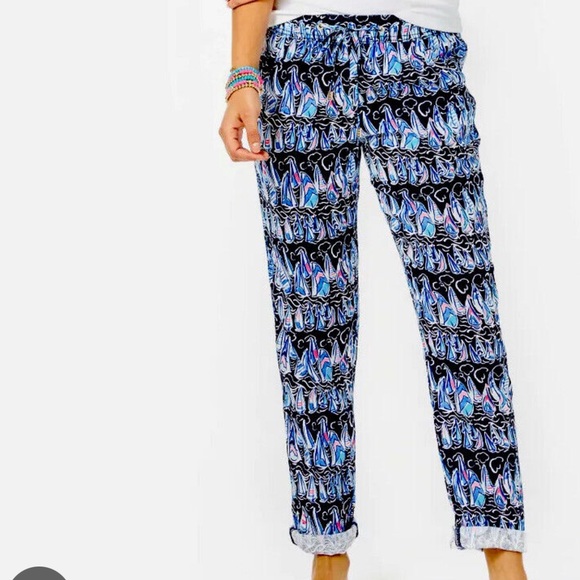 Lilly Pulitzer Taron Mid Rise Linen Pants Low Tide navy Sails And Stripes - Picture 1 of 14